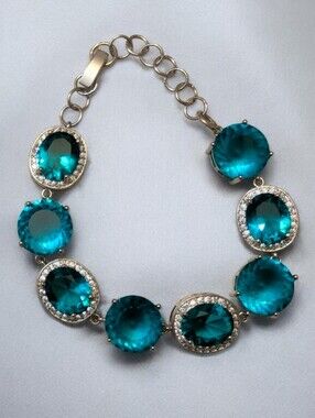 925 Sterling Silver Teal Blue-Green Statement Link Bracelet CZ Halo